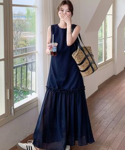 Chic Dark Blue Sleeveless Dress for May Day Travel - Elegant and Stylish Design, Perfect for Summer Outings