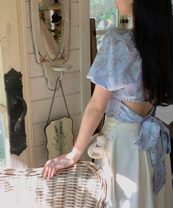 Chic French-Style Blue Floral Shirt with Square Collar and Bow Tie for Women - Sweet & Spicy Short Summer Top