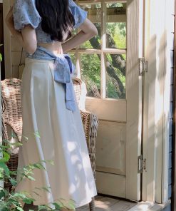 Chic French-Style Blue Floral Shirt with Square Collar and Bow Tie for Women - Sweet & Spicy Short Summer Top