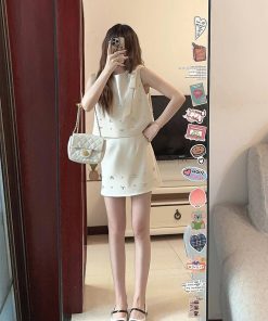 Chic French Style Sleeveless Dress Set for Women, Bow Detail Top & Half-Length Skirt, Elegant Summer Fashion