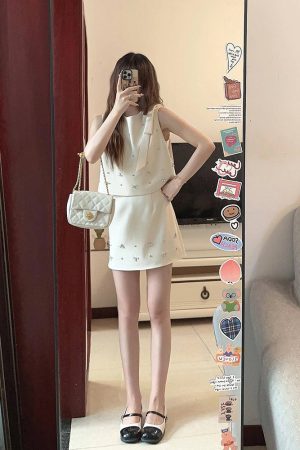 Chic French Style Sleeveless Dress Set for Women, Bow Detail Top & Half-Length Skirt, Elegant Summer Fashion