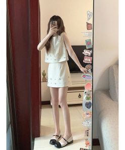 Chic French Style Sleeveless Dress Set for Women, Bow Detail Top & Half-Length Skirt, Elegant Summer Fashion