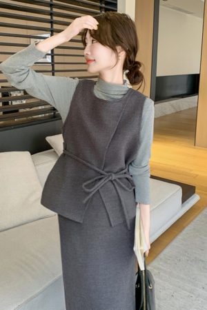 Chic Gray Woolen Vest and Skirt Set for Women - Korean Style, Elegant Three-Piece Outfit for Fall and Winter Fashion