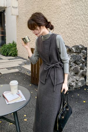 Chic Gray Woolen Vest and Skirt Set for Women - Korean Style, Elegant Three-Piece Outfit for Fall and Winter Fashion