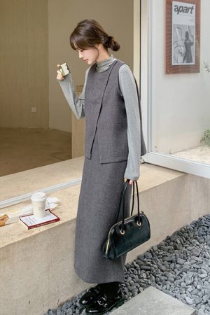 Chic Gray Woolen Vest and Skirt Set for Women - Korean Style, Elegant Three-Piece Outfit for Fall and Winter Fashion