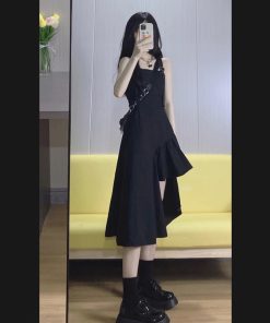 Chic Hepburn-Style Black Spaghetti Strap Dress for Women, Irregular Long Summer Dress with Waist-Cinching Design