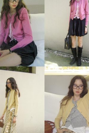 Chic Intellectual Fake Two-Piece Pure Wool Knitted Cardigan Top for a 90s Inspired Look