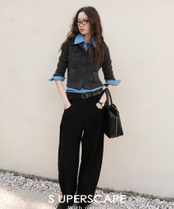 Chic Intellectual Wind Collar Faux Pocket Pure Wool Knitted Cardigan Top for Women, Y2K Style Fashion Sweater