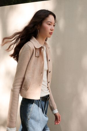 Chic Intellectual Wind Collar Faux Pocket Pure Wool Knitted Cardigan Top for Women, Y2K Style Fashion Sweater