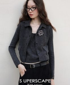 Chic Intellectual Wind Collar Faux Pocket Pure Wool Knitted Cardigan Top for Women, Y2K Style Fashion Sweater