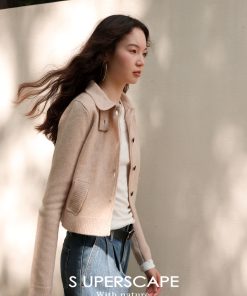 Chic Intellectual Wind Collar Faux Pocket Pure Wool Knitted Cardigan Top for Women, Y2K Style Fashion Sweater