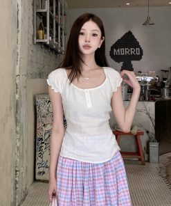 Chic Korean-Style White Short Sleeve Linen Ruffled Tie Top for Women - Perfect Summer Fashion