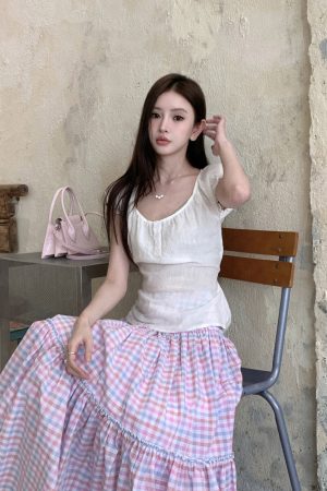 Chic Korean-Style White Short Sleeve Linen Ruffled Tie Top for Women - Perfect Summer Fashion