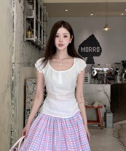 Chic Korean-Style White Short Sleeve Linen Ruffled Tie Top for Women - Perfect Summer Fashion