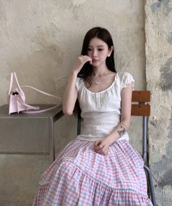 Chic Korean-Style White Short Sleeve Linen Ruffled Tie Top for Women - Perfect Summer Fashion