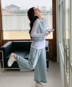 Chic Light Denim Vest and Wide-Leg Pants 3-Piece Set for Women, Casual Korean Style, Spring 2025, Age-Reducing Fashion