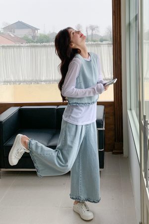 Chic Light Denim Vest and Wide-Leg Pants 3-Piece Set for Women, Casual Korean Style, Spring 2025, Age-Reducing Fashion