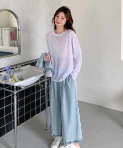 Chic Light Denim Vest and Wide-Leg Pants 3-Piece Set for Women, Casual Korean Style, Spring 2025, Age-Reducing Fashion