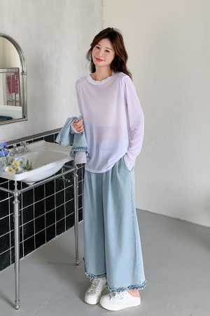 Chic Light Denim Vest and Wide-Leg Pants 3-Piece Set for Women, Casual Korean Style, Spring 2025, Age-Reducing Fashion