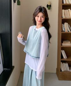 Chic Light Denim Vest and Wide-Leg Pants 3-Piece Set for Women, Casual Korean Style, Spring 2025, Age-Reducing Fashion