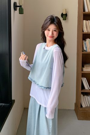 Chic Light Denim Vest and Wide-Leg Pants 3-Piece Set for Women, Casual Korean Style, Spring 2025, Age-Reducing Fashion