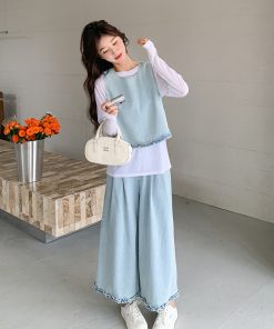 Chic Light Denim Vest and Wide-Leg Pants 3-Piece Set for Women, Casual Korean Style, Spring 2025, Age-Reducing Fashion