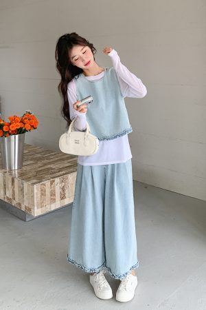 Chic Light Denim Vest and Wide-Leg Pants 3-Piece Set for Women, Casual Korean Style, Spring 2025, Age-Reducing Fashion