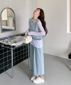 Chic Light Denim Vest and Wide-Leg Pants 3-Piece Set for Women, Casual Korean Style, Spring 2025, Age-Reducing Fashion