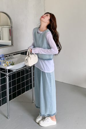 Chic Light Denim Vest and Wide-Leg Pants 3-Piece Set for Women, Casual Korean Style, Spring 2025, Age-Reducing Fashion