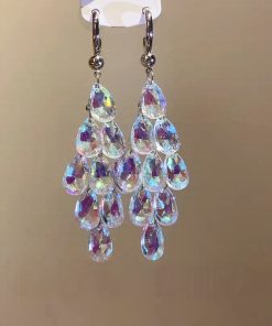 Chic Long Drop Earrings with Colorful White Crystal Tassels, Elegant Fashion Jewelry for a Graceful Look