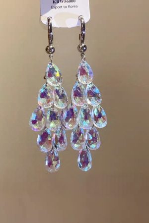Chic Long Drop Earrings with Colorful White Crystal Tassels, Elegant Fashion Jewelry for a Graceful Look