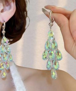 Chic Long Drop Earrings with Colorful White Crystal Tassels, Elegant Fashion Jewelry for a Graceful Look