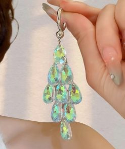 Chic Long Drop Earrings with Colorful White Crystal Tassels, Elegant Fashion Jewelry for a Graceful Look