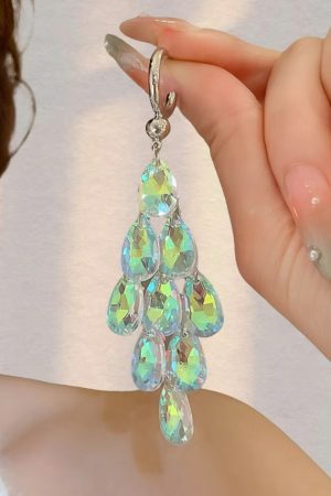 Chic Long Drop Earrings with Colorful White Crystal Tassels, Elegant Fashion Jewelry for a Graceful Look