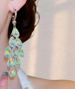 Chic Long Drop Earrings with Colorful White Crystal Tassels, Elegant Fashion Jewelry for a Graceful Look
