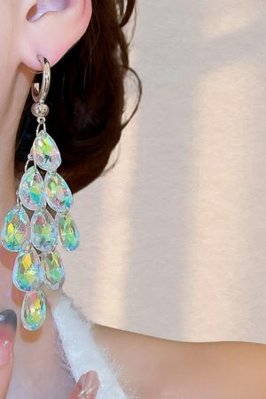 Chic Long Drop Earrings with Colorful White Crystal Tassels, Elegant Fashion Jewelry for a Graceful Look