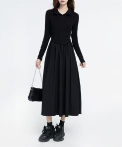 Chic Long Polo Collar Dress for Women - 2025 Winter Hepburn Style, Waist-Cinching, Slimming Little Black Dress