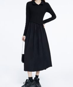 Chic Long Polo Collar Dress for Women - 2025 Winter Hepburn Style, Waist-Cinching, Slimming Little Black Dress