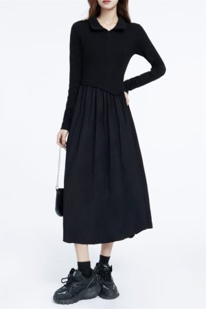 Chic Long Polo Collar Dress for Women - 2025 Winter Hepburn Style, Waist-Cinching, Slimming Little Black Dress