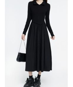 Chic Long Polo Collar Dress for Women - 2025 Winter Hepburn Style, Waist-Cinching, Slimming Little Black Dress