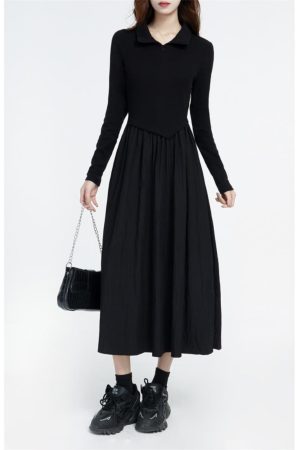 Chic Long Polo Collar Dress for Women - 2025 Winter Hepburn Style, Waist-Cinching, Slimming Little Black Dress