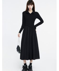 Chic Long Polo Collar Dress for Women - 2025 Winter Hepburn Style, Waist-Cinching, Slimming Little Black Dress