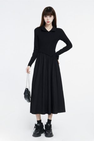 Chic Long Polo Collar Dress for Women - 2025 Winter Hepburn Style, Waist-Cinching, Slimming Little Black Dress
