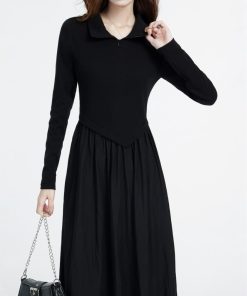 Chic Long Polo Collar Dress for Women - 2025 Winter Hepburn Style, Waist-Cinching, Slimming Little Black Dress