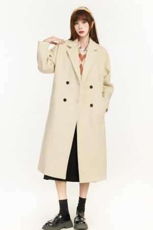 Chic Long Woolen Coat for Women, High-End Outerwear, Autumn Winter 2025, Trendy Korean Style for Petites