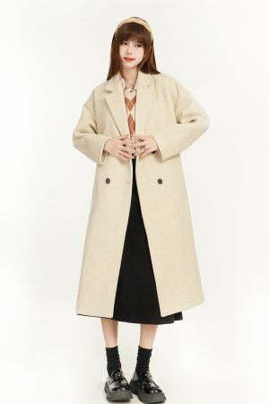 Chic Long Woolen Coat for Women, High-End Outerwear, Autumn Winter 2025, Trendy Korean Style for Petites