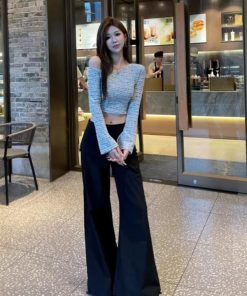 Chic Off-Shoulder Long Sleeve T-Shirt with Diagonal Collar and Shimmer, Slim Fit Cropped Top for Autumn Fashion