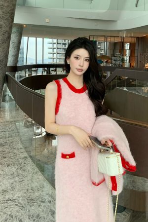Chic Pink Sleeveless Dress with Elegant Long Vest for Women - Winter Dopamine Inspired Chanel Style Fashion