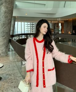 Chic Pink Sleeveless Dress with Elegant Long Vest for Women - Winter Dopamine Inspired Chanel Style Fashion