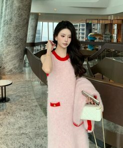 Chic Pink Sleeveless Dress with Elegant Long Vest for Women - Winter Dopamine Inspired Chanel Style Fashion
